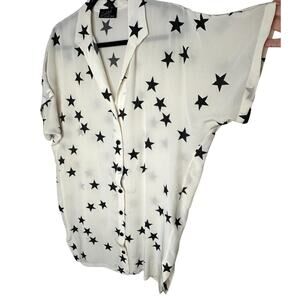 Ninivah Khomo Sheer Cream and Black Star Button Front Short Sleeve Tunic Top OS